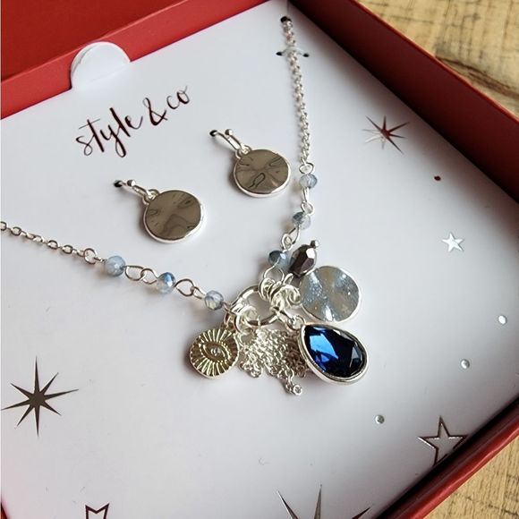 Style & Co Silve-Tone Multi-Charm Pendant NECKLACE & Disc Drop EARRINGS Set NEW! - Picture 1 of 5